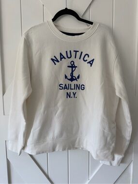 Nautica White Sweatshirt with Blue Anchor Graphic